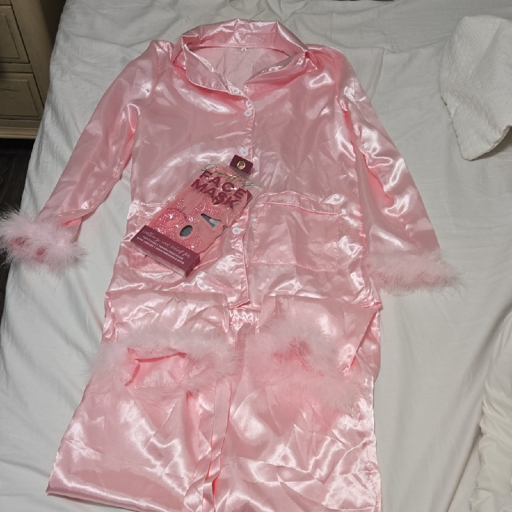 Pink Satin-like PJ Set with Feather Trim + Face Mask